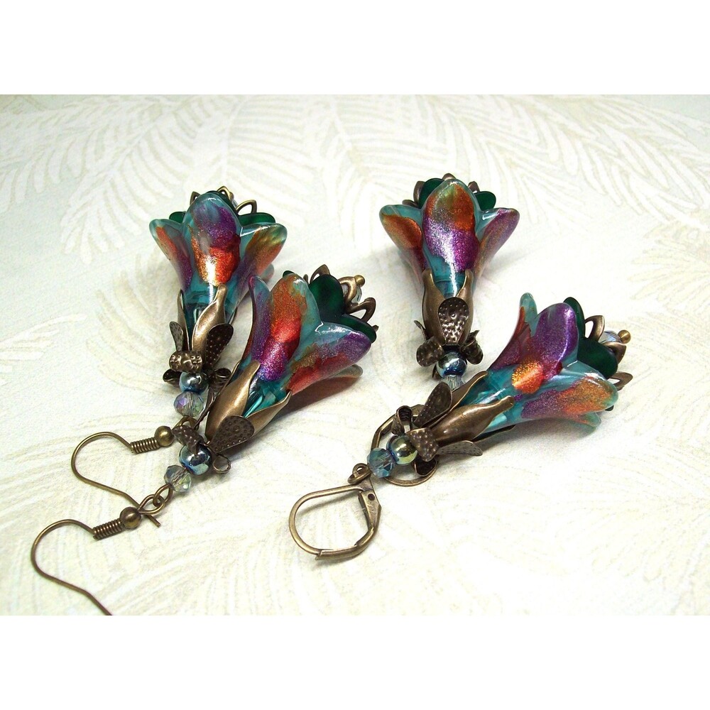 Art Nouveau Flower Dangle Earrings, Multicolor, Bronze, Hand Painted, Artisan Cr